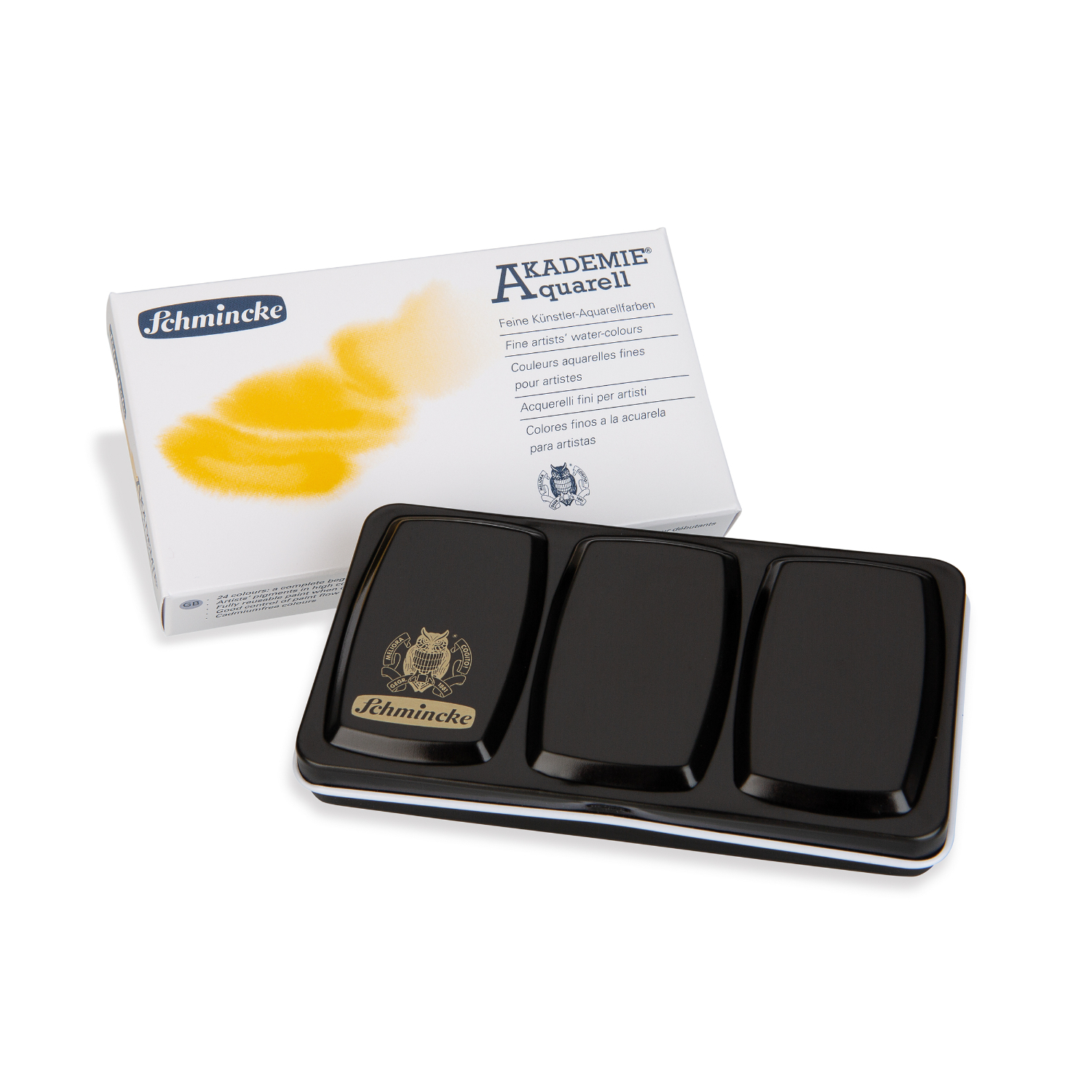 Akademie Aquarellfarben im kleinen Metallkasten mit 12 halben Näpfchen von Schmincke, ideal für Künstler.