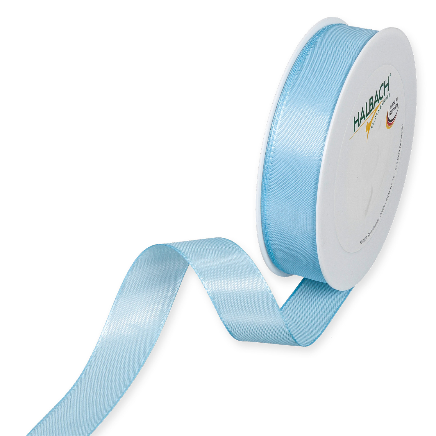 Taftband 25mm 5m: Hellblaues Band von Halbach auf Rolle, ideal für Dekorationen und Bastelprojekte.