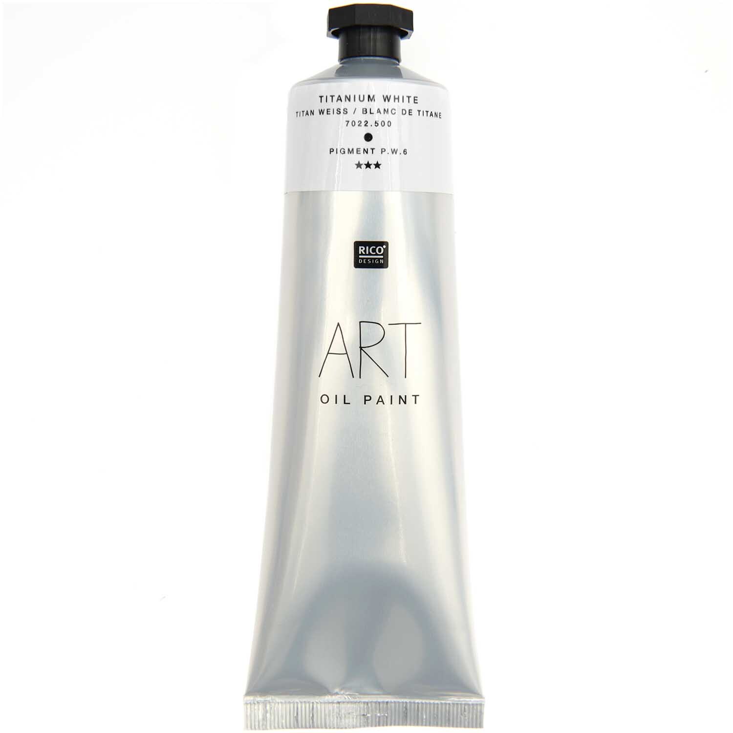 Prato Ölfarbe titanweiß 150ml von Rico Design, abgebildet in einer silbernen Tube mit klarer Beschriftung.