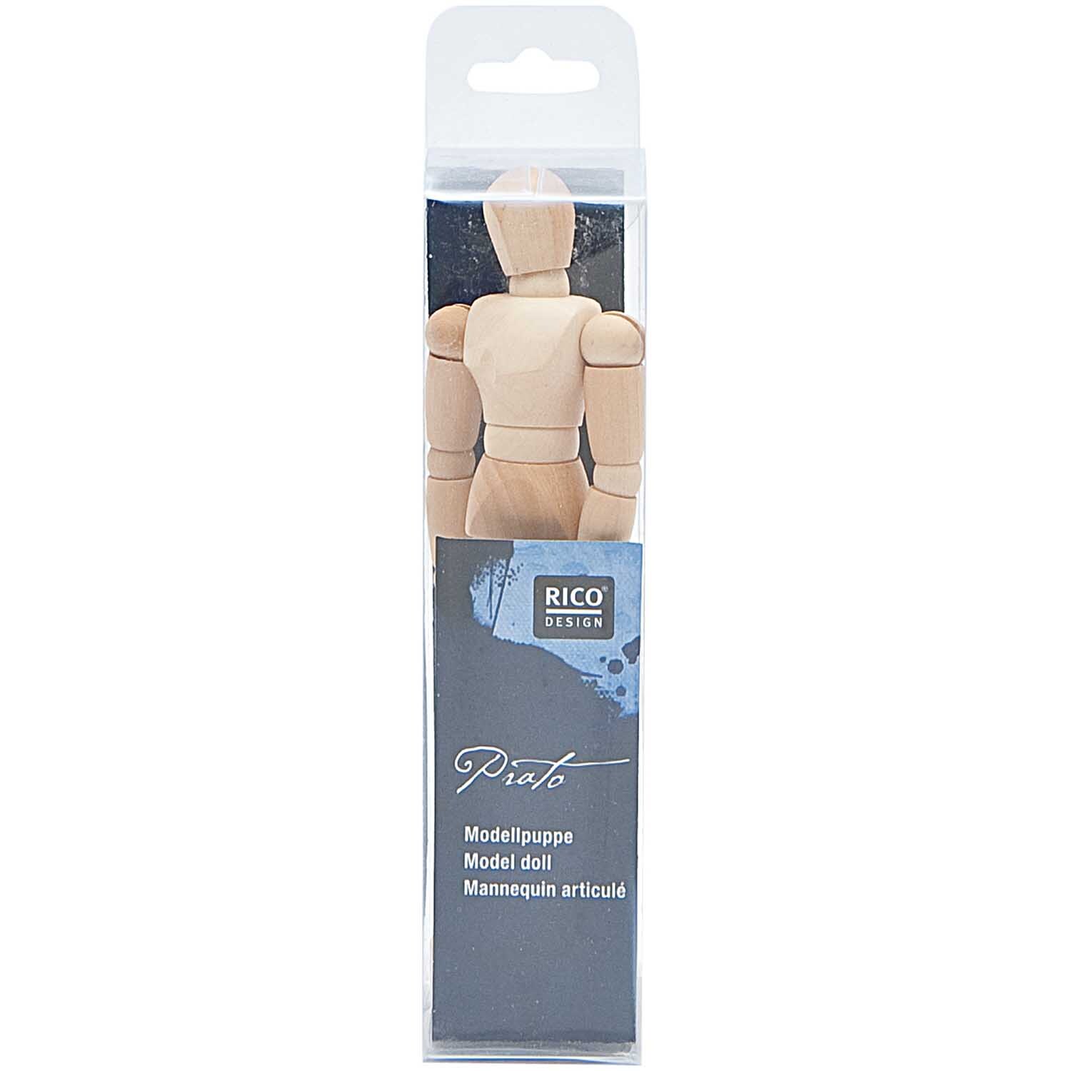 Modellpuppe 11,25cm aus Holz von Rico Design in einer transparenten Verpackung, ideal zum Zeichnen.