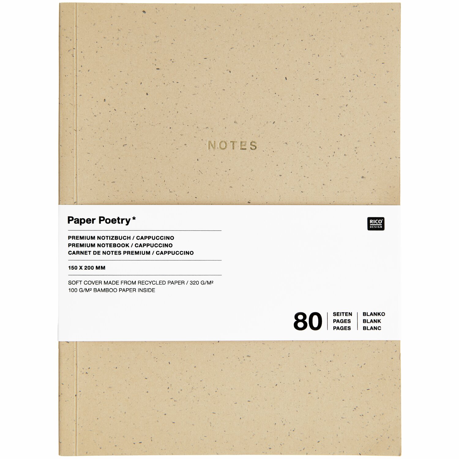 Paper Poetry Notizbuch L in Cappuccino, 15x20cm, von Rico Design. Elegantes Design mit 80 Seiten. Ideal für Notizen und Skizzen.