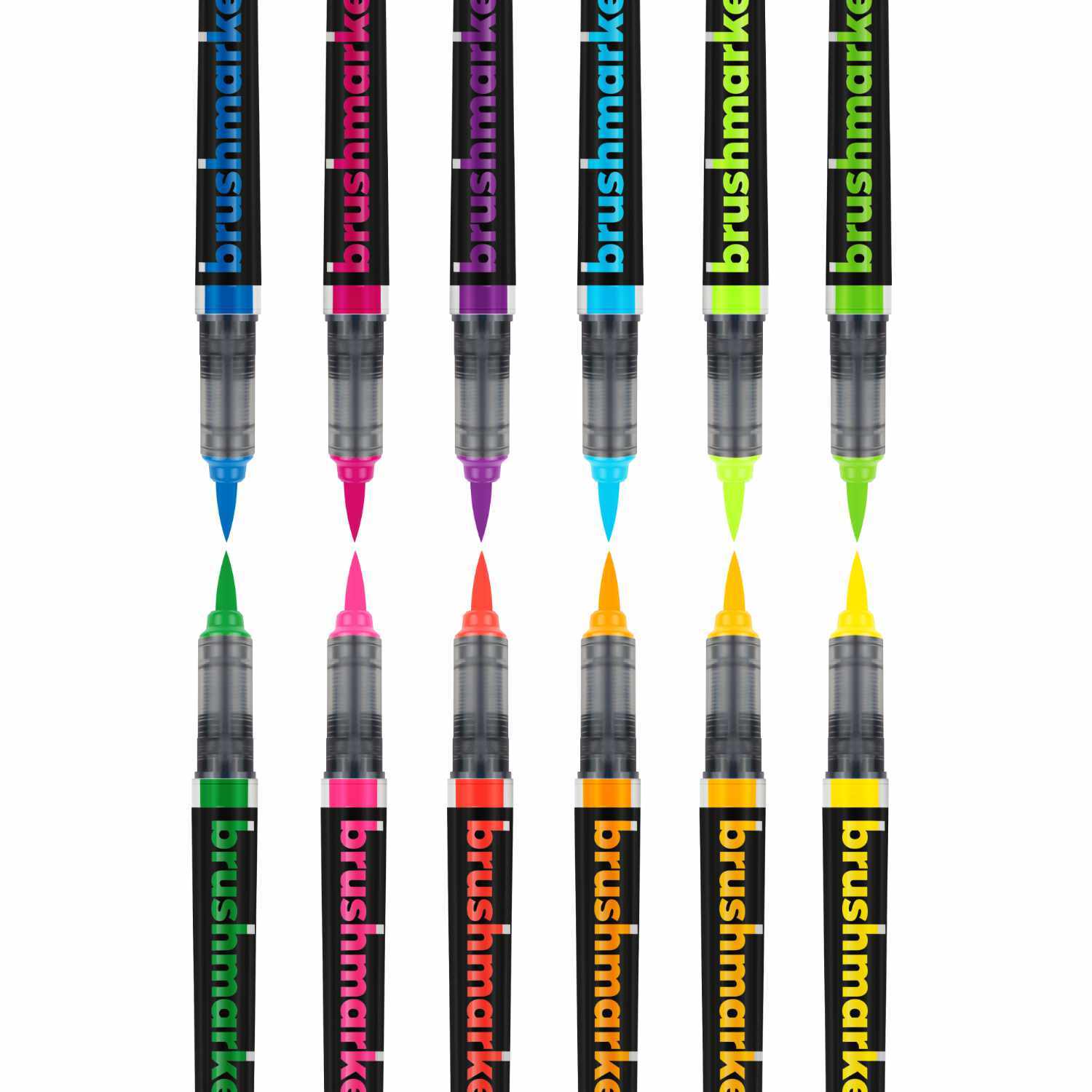 Brushmarker PRO Neon Colors Set 12 Farben zeigt zwölf leuchtende Marker in verschiedenen Neonfarben. Ideal für kreative Projekte.