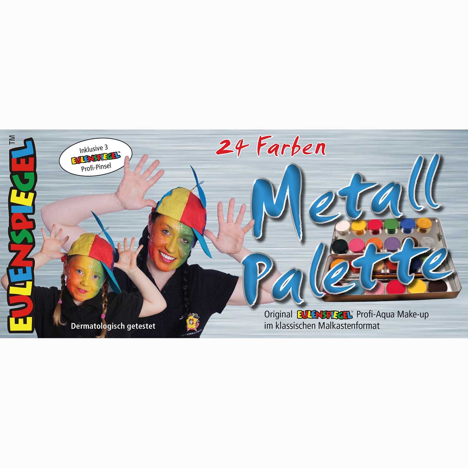 Schminkfarben 24er Set: Zwei Personen mit bemalten Gesichtern und bunter Palette von Eulenspiegel.