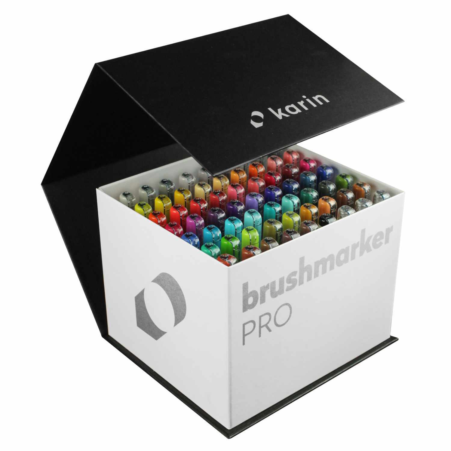Brushmarker PRO Mega Box mit 60 Farben und 3 Blendern von Karin, offene Box zeigt bunte Marker.