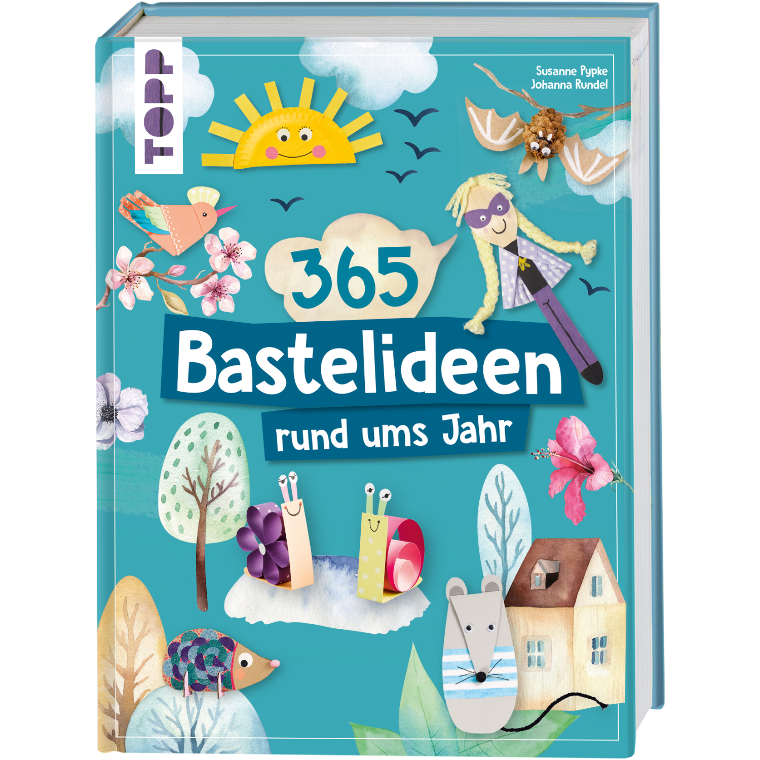 365 Rund-ums-Jahr-Bastelideen: Buntes Buchcover mit fröhlichen Illustrationen und Naturmotiven. Marke: TOPP.