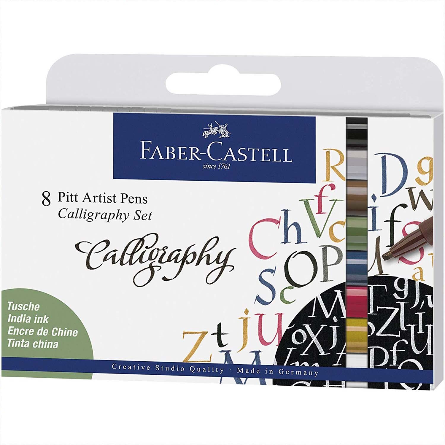 Tuschestift Pitt Artist Pen Calligraphy 8 Stück von Faber Castell, ideal für kreative Kalligrafie, in einer mehrfarbigen Verpackung.
