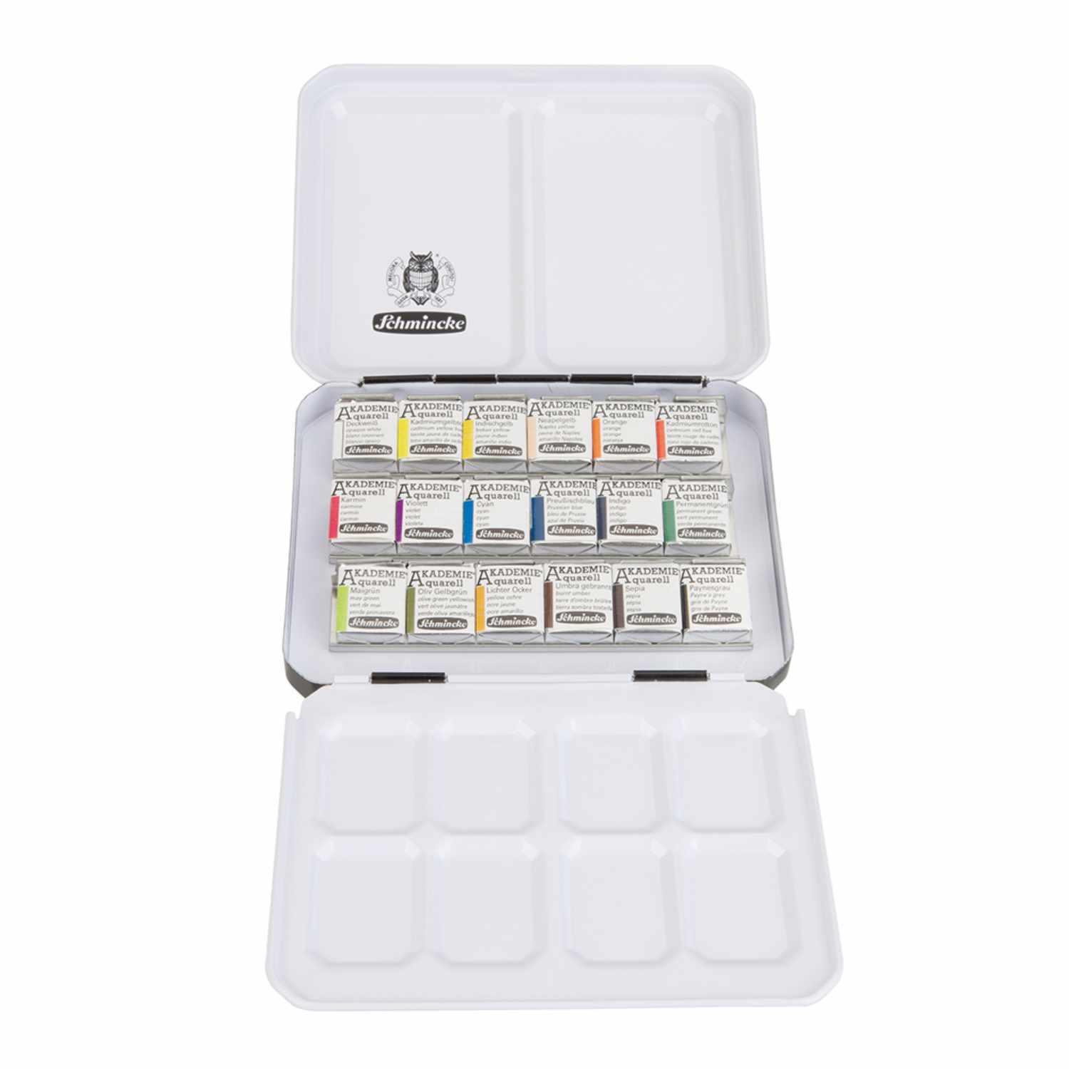 Schmincke Akademie Aquarellkasten mit 18 halben Näpfen, präsentiert in einem offenen weißen Kasten.