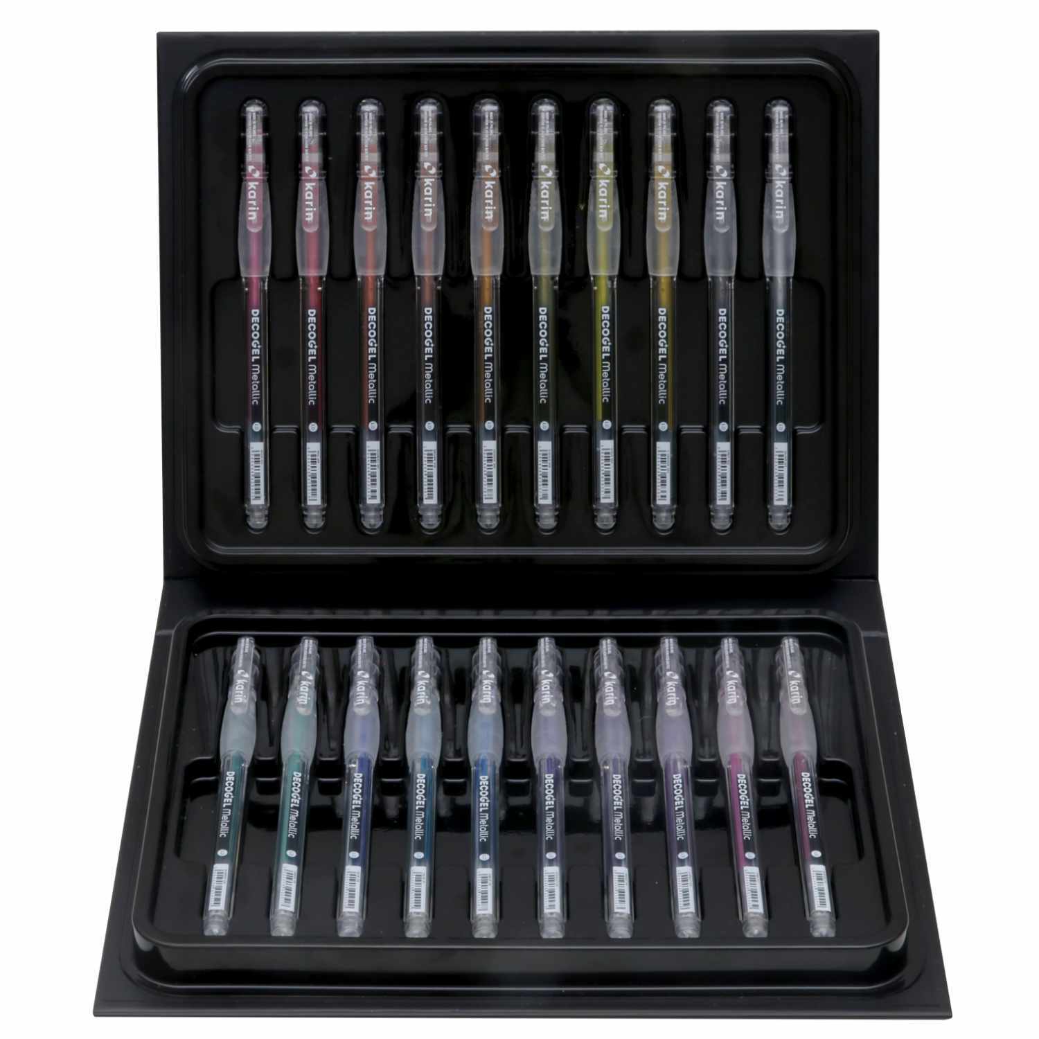 Decogel-Set Metallic 20 Stück in einer schwarzen Box, präsentiert von karin, mit verschiedenen Farben.