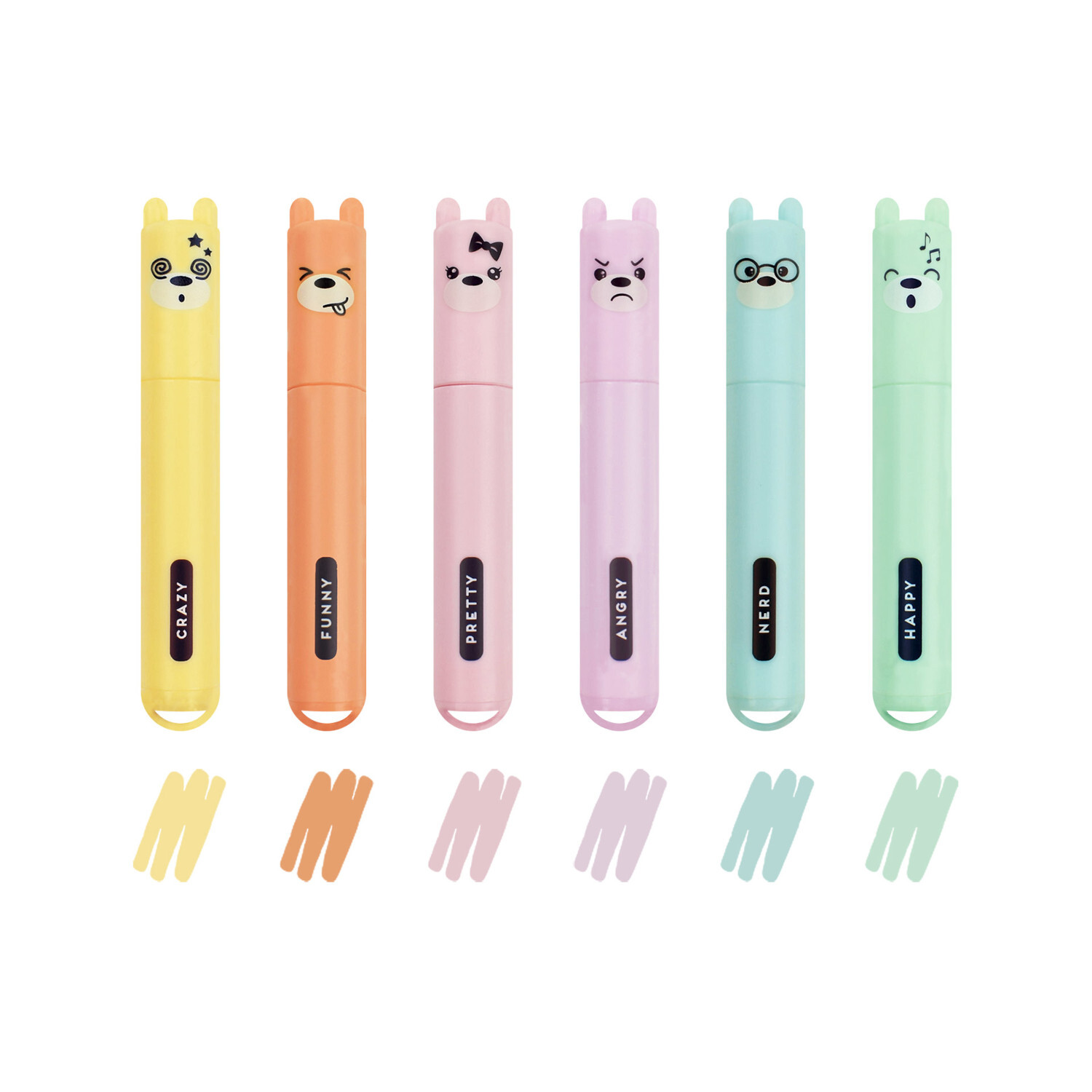 Textmarker Set Teddy's Style von Legami mit sechs bunten Stiften, verziert mit Tiergesichtern.