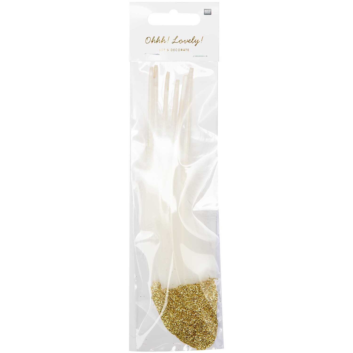 Federn ca. 18cm 6 Stück: Weiß-goldene Federn in einer transparenten Verpackung, ideal für kreative Projekte.