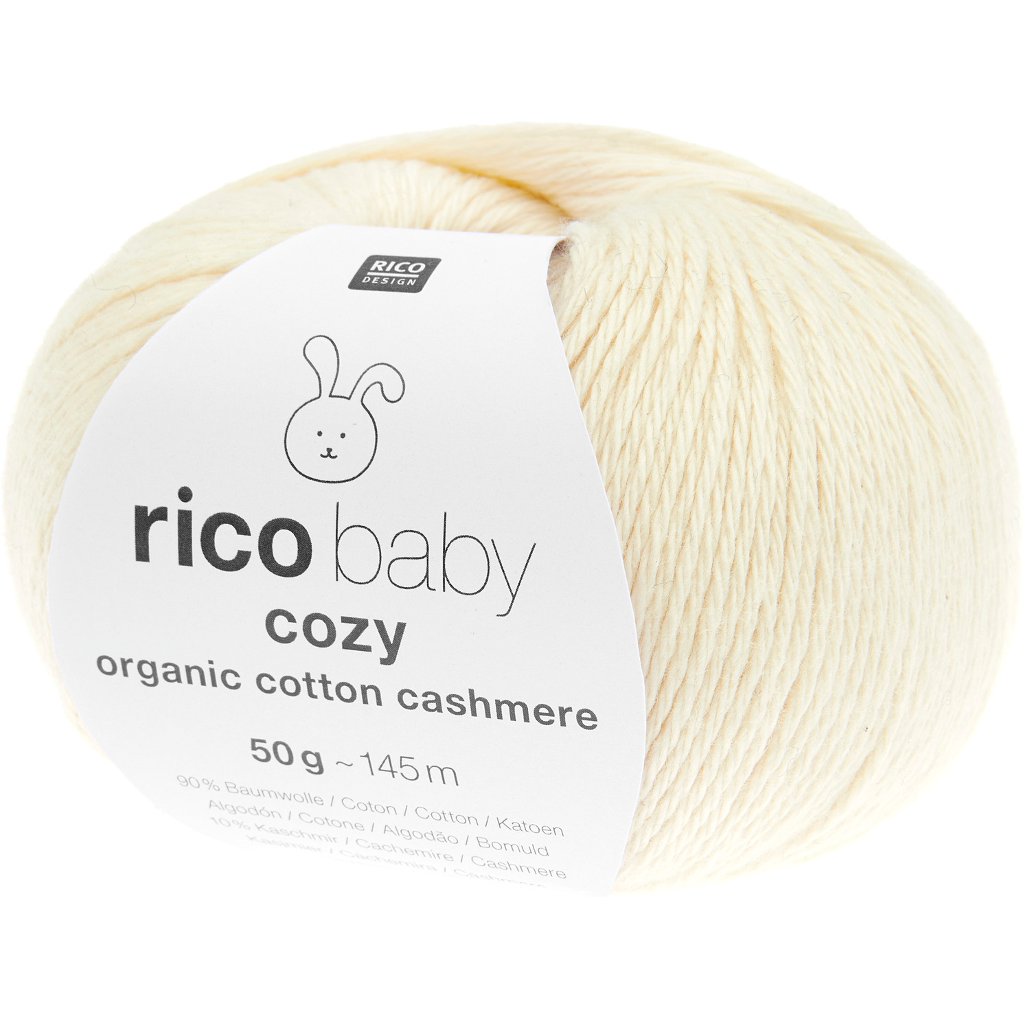 Baby Cozy Organic Cotton Cashmere: Weiches Garn in Creme von Rico Design, 50g, 145m. Ideal für sanfte Strickprojekte.