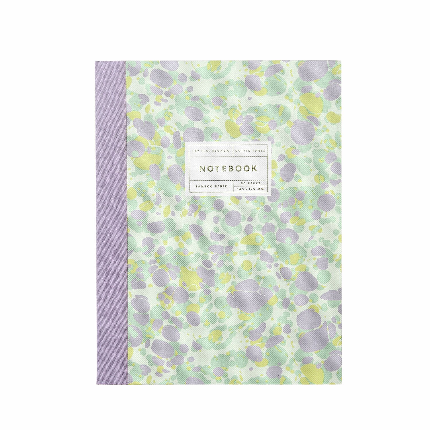 Notizbuch S Marbled 80 Seiten mit lila Rücken und buntem Marmormuster, 100g/m² Papier.