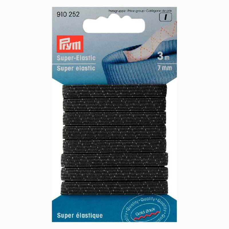 Super-Elastic Gummi schwarz 7mm 3m von Prym, ideal für Nähprojekte, auf einer blauen Verpackung.