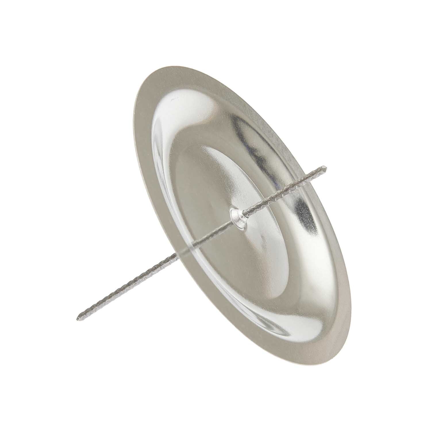 Adventskranzstecker silber 6cm 4 Stück: Ein silberner Metallstecker mit rundem Teller, ideal für Adventskränze.