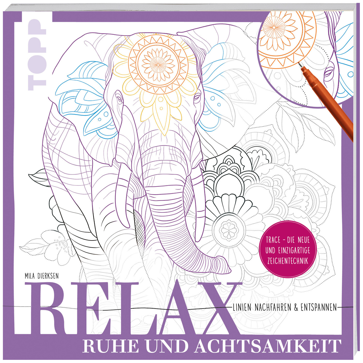 Relax Ruhe und Achtsamkeit: Malbuch mit Elefantenmotiv, lila Akzente, Marke TOPP.