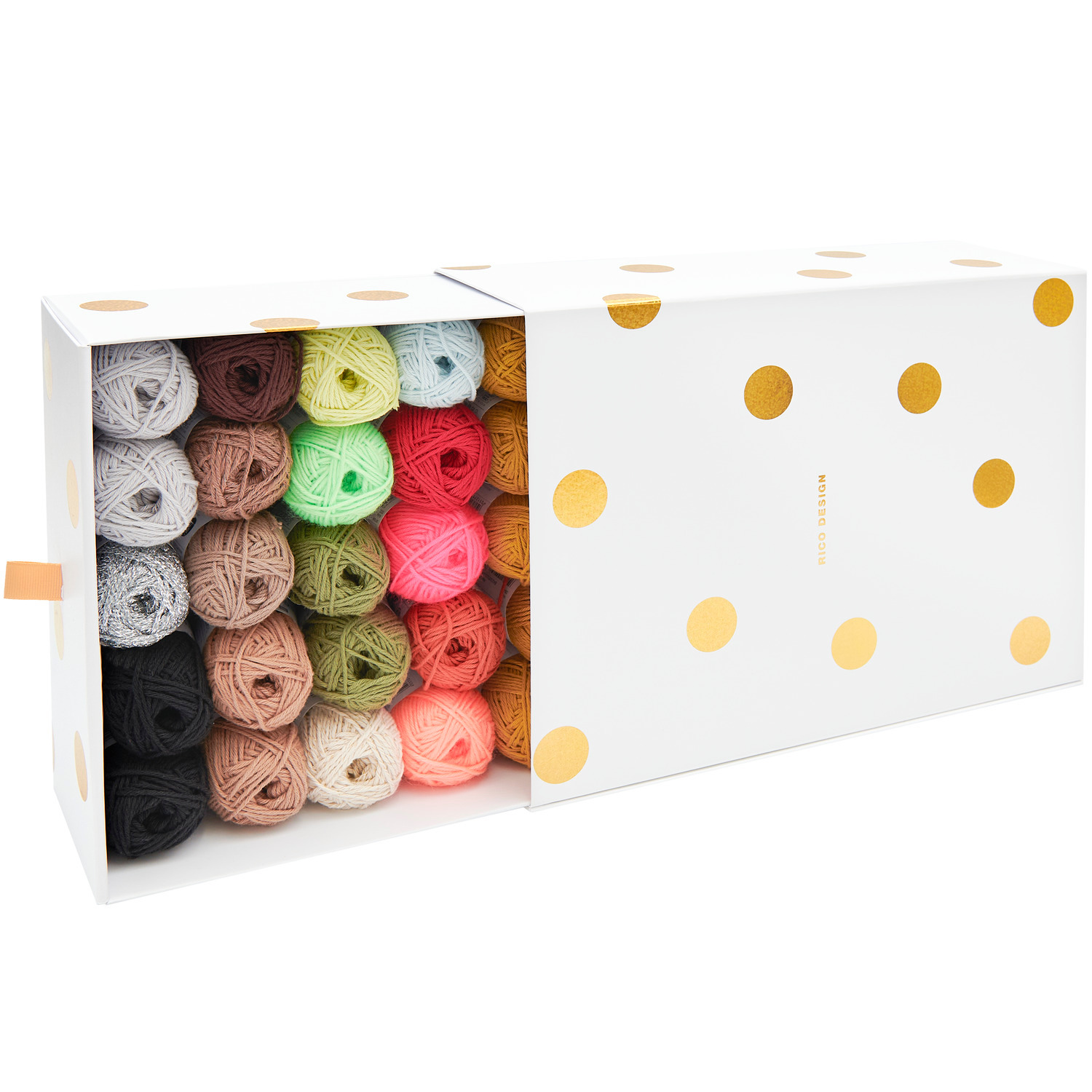 Ricorumi Set “The Winner is…”: 35-teiliges Garnset in verschiedenen Farben von Rico Design in einer gepunkteten Box.