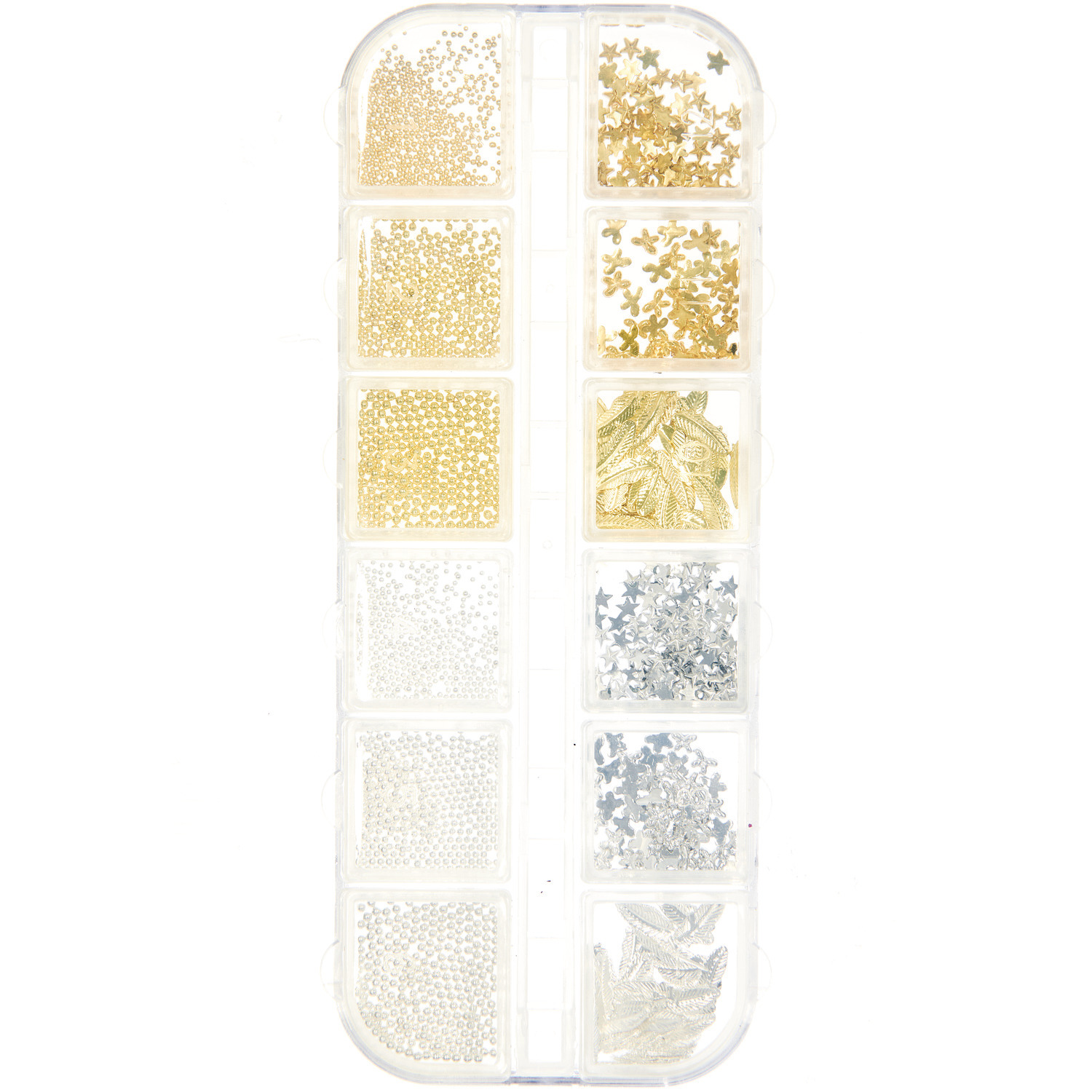 Füllmaterial für Resin Formen Mix 1 in Gold und Silber, präsentiert in einer transparenten Box. Ideal für kreative Bastelprojekte.