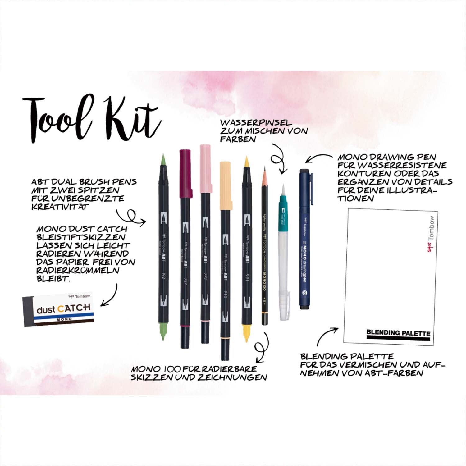 Tombow Watercoloring Set Floral mit verschiedenen Stiften und Blending-Palette für kreative Designs.
