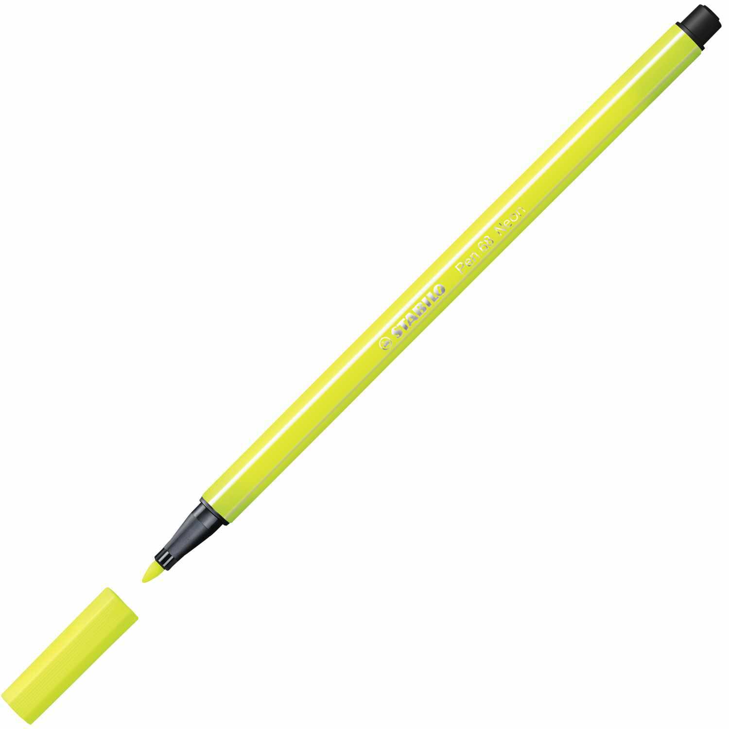Pen 68 von STABILO in leuchtendem Neongelb, abgebildet mit abgenommener Kappe. Ideal für kreative Projekte.