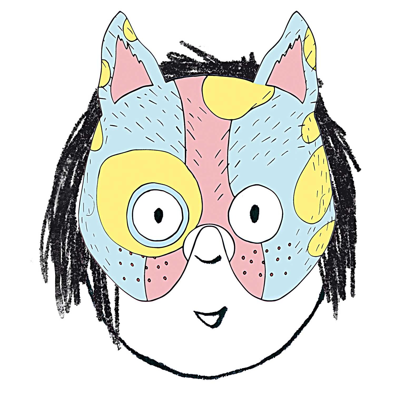 Paper Poetry Masken zum Ausmalen, 6 Stück. Bunte Katzenmaske mit gelben, blauen und rosa Mustern, ideal für kreative Bastelprojekte.