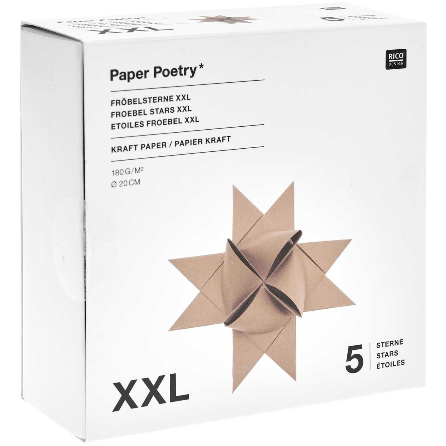 Paper Poetry Fröbelstreifen XXL 180g/m2 20 Stück, Kraftpapier, ideal für kreative Bastelprojekte. Verpackung zeigt gefalteten Stern.