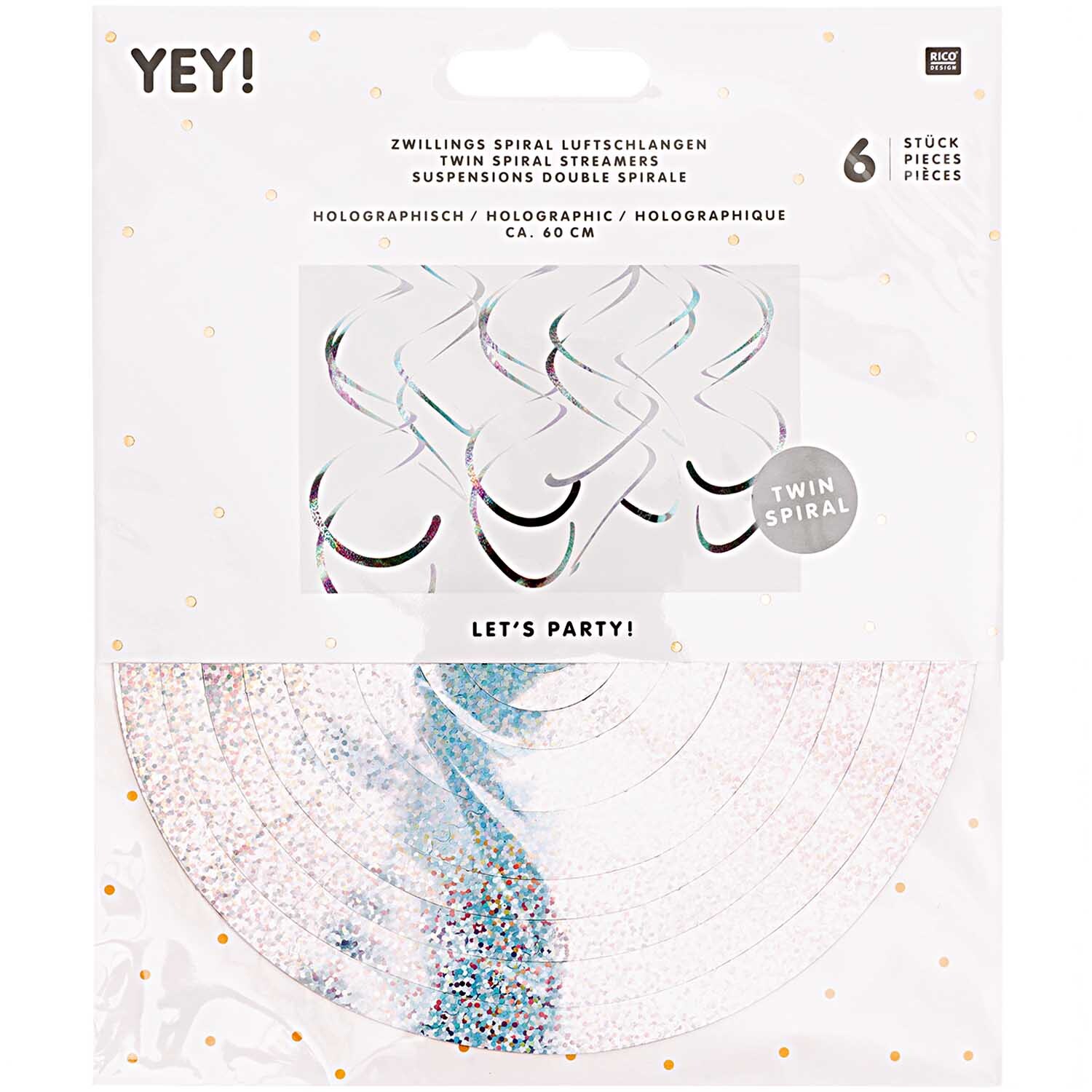 Spiralluftschlangen 60cm 6 Stück von Rico Design, holographisch-weiße Deko für Partys.