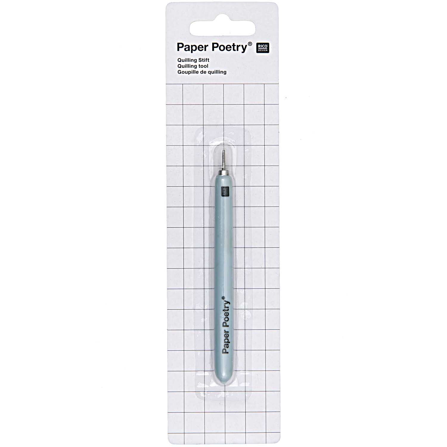 Paper Poetry Quilling Stift kurz 11cm in hellblau von Rico Design, ideal für präzises Quilling. Verpackt auf einer Karte mit Rastermuster.