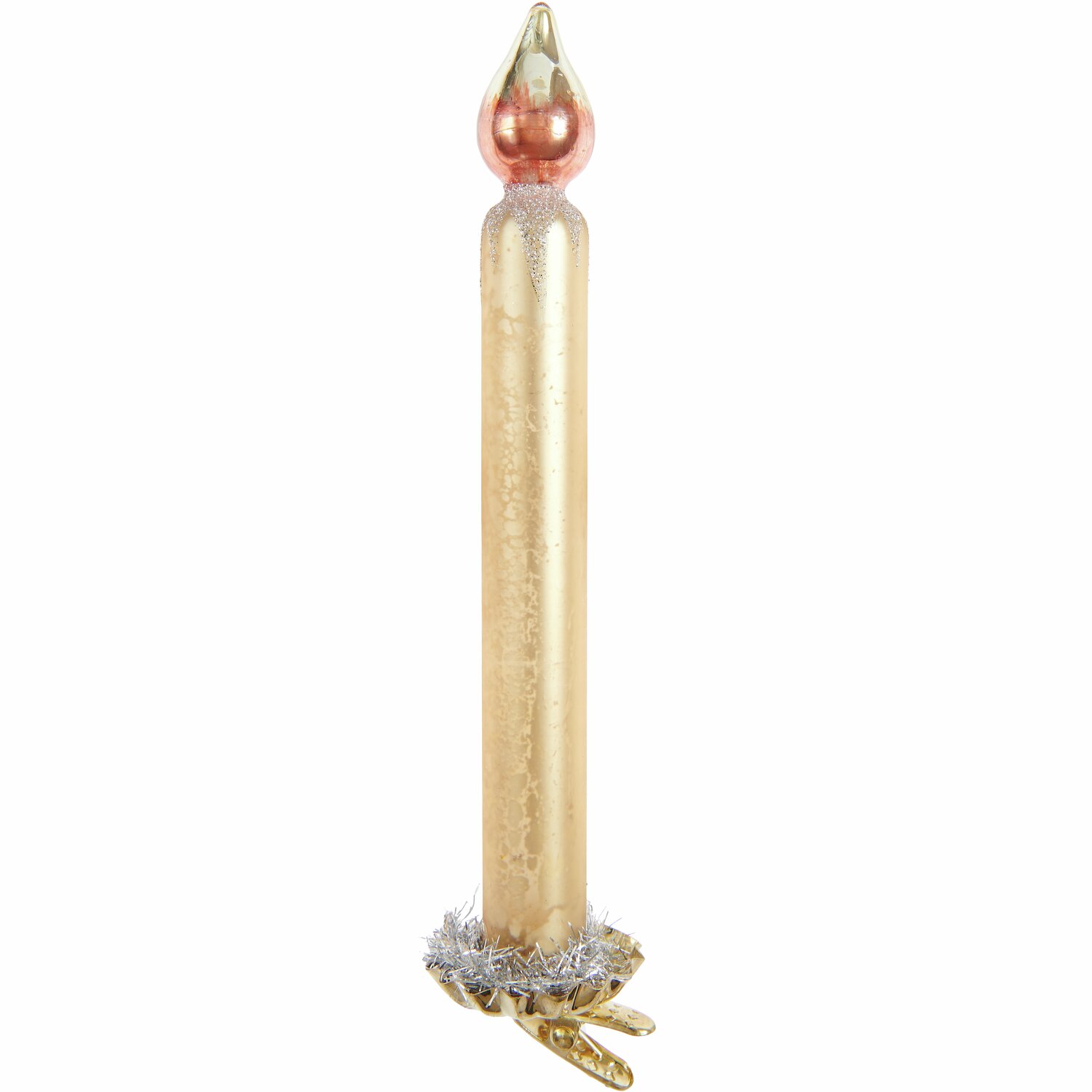 Baumschmuck Glaskerze mit goldenem Metallchip von Rico Design, zeigt eine elegante, goldene Kerze mit dekorativem Metallchip, ideal für festliche Dekorationen.