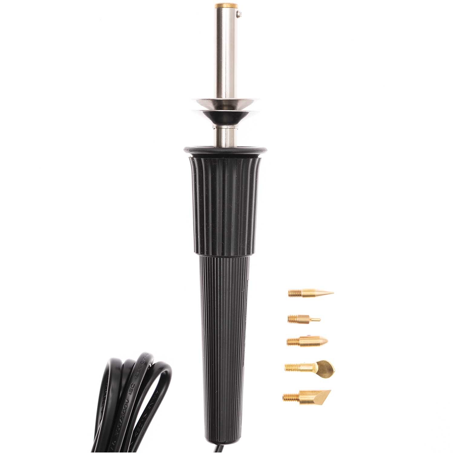Brandmalkolben-Set inkl. 5 Aufsätze von Rico Design. Schwarzer Kolben mit fünf goldenen Spitzen. Ideal für kreative Holzarbeiten.