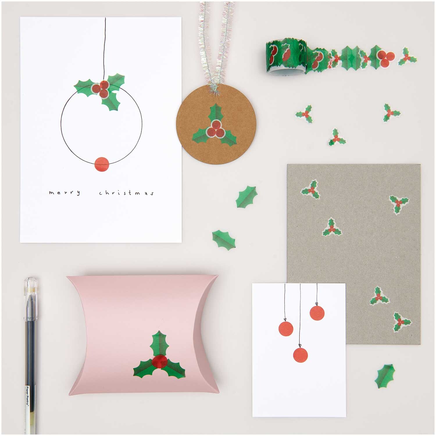 Washi Sticker Ilex 200 Stück von Rico Design, dekoriert auf Karten und Geschenkanhänger.