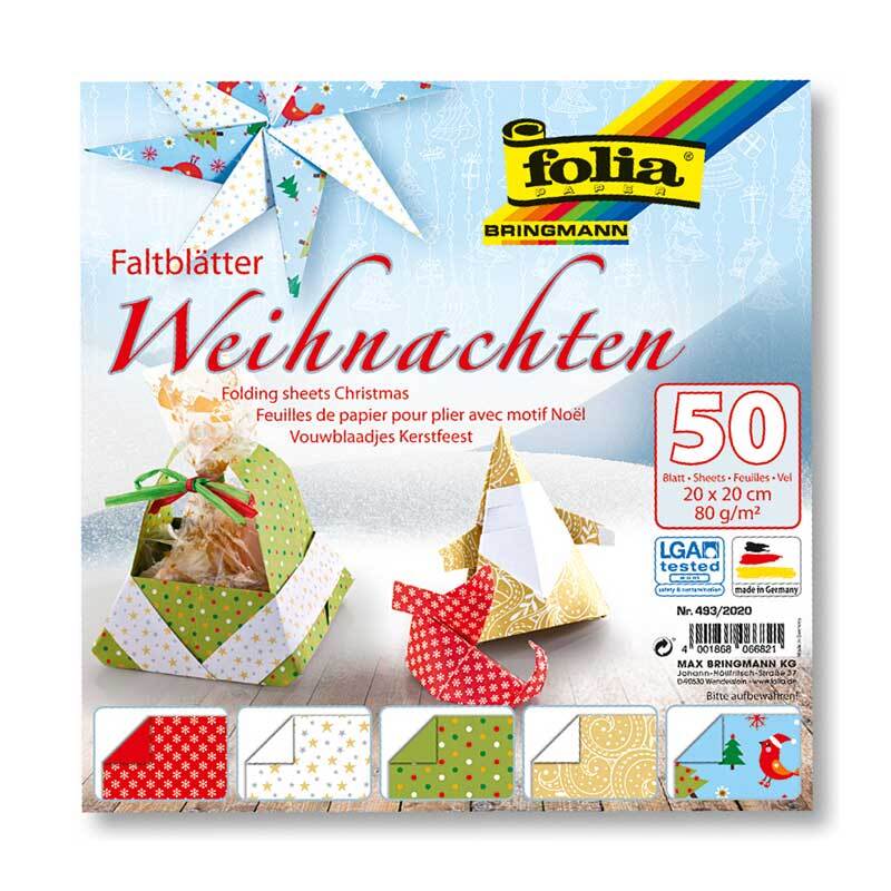 Faltblätter Weihnachten 20x20cm 50 Blatt von folia, ideal für festliche Bastelprojekte, zeigt bunte Origami-Designs und weihnachtliche Muster.