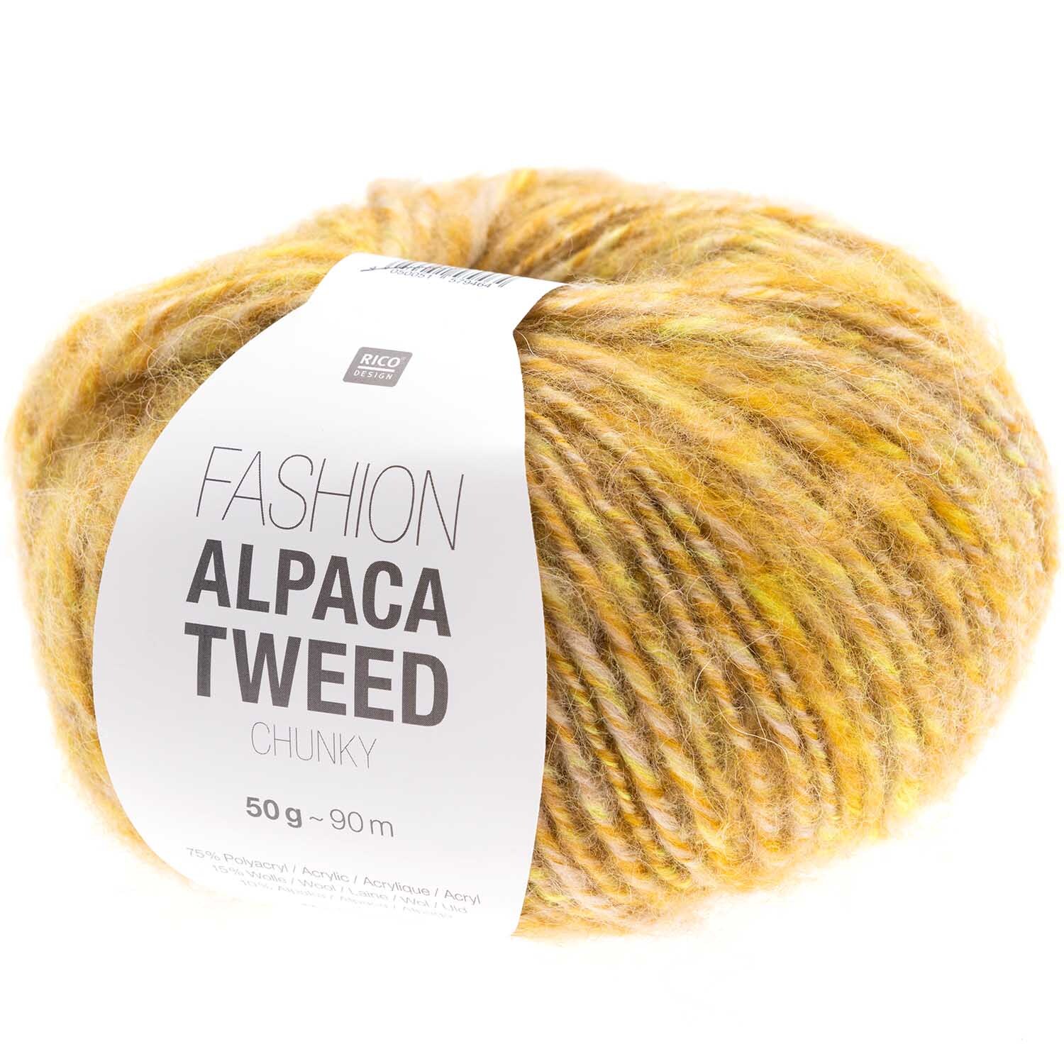 Fashion Alpaca Tweed chunky: Gelbes Garnknäuel von Rico Design, 50g, 90m, ideal für Strickprojekte.