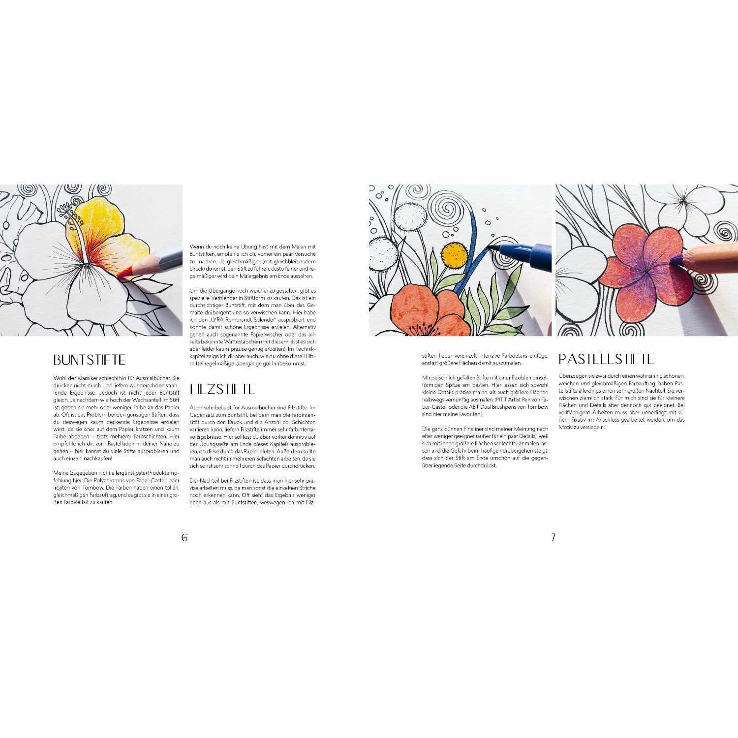 Blütentraum - Florale Motive zum Ausmalen: Zwei Seiten eines Malbuchs mit floralen Designs und farbigen Stiften.