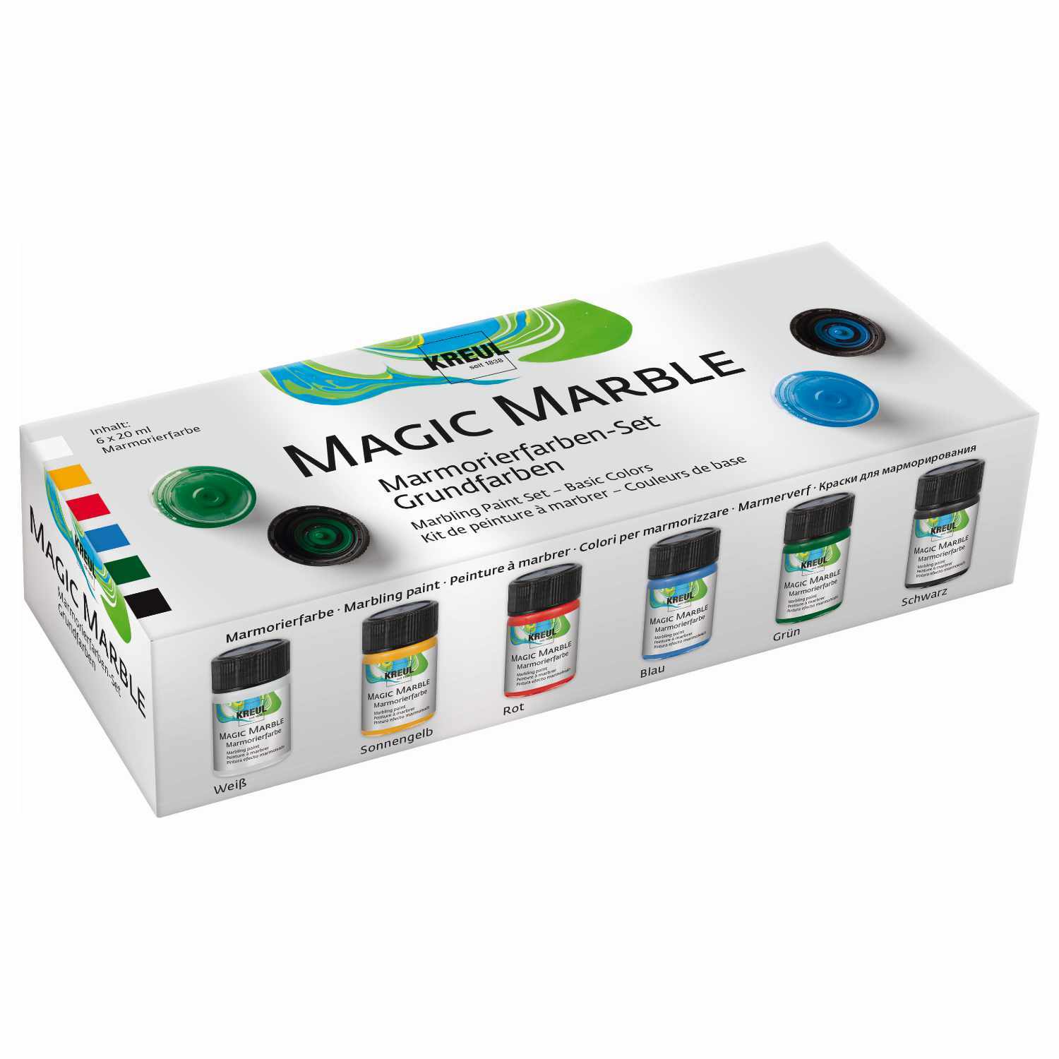 Magic Marble Marmorierfarben 6x20ml Set von KREUL mit sechs Farben: Weiß, Gelb, Rot, Blau, Grün, Schwarz in einer Verpackung.
