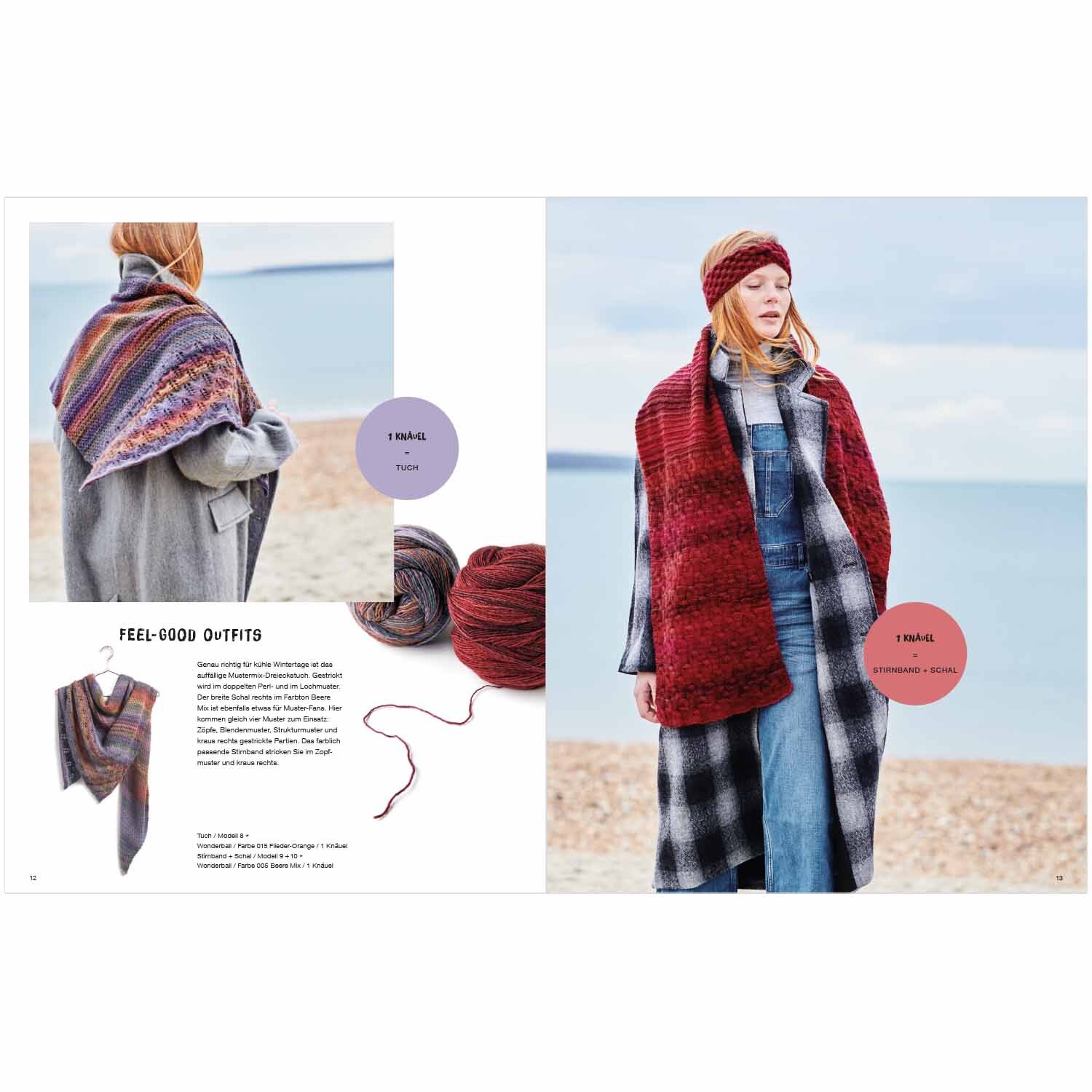 Wonderball Special: Frau am Strand in gestricktem Schal und Mütze, Rico Design, warme Farben.