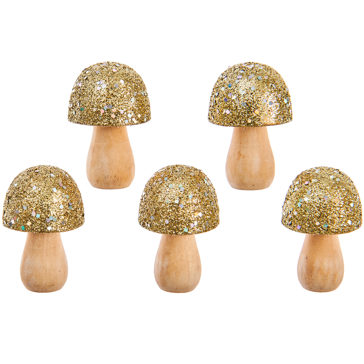 Kleine Holz Pilze Glitter/Irisierend, 5 Stück, 3,5x2,4cm. Goldene Glitzerkappen, ideal für Dekorationen.