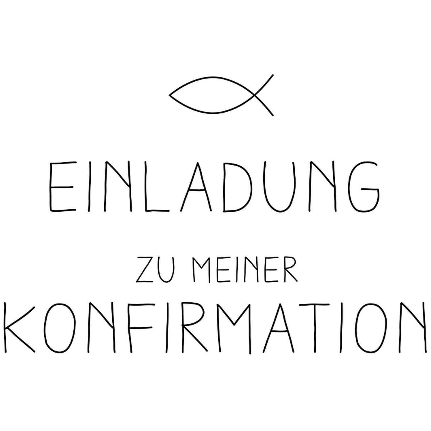 Stempel Einladung Konfirmation 6x4cm: Schwarzer Stempel mit Fischsymbol und Text "Einladung zu meiner Konfirmation". Marke: Rico Design.