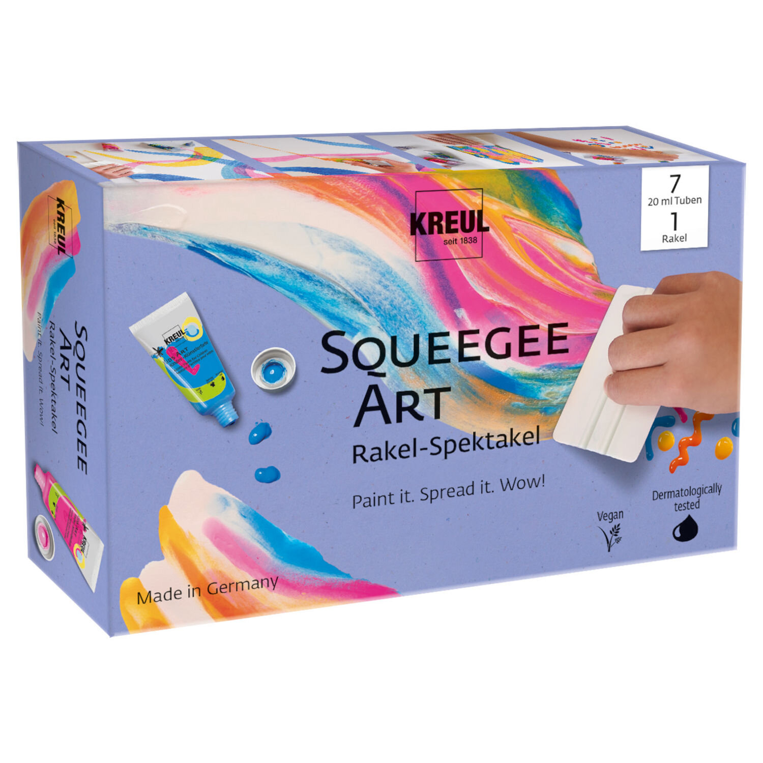 Squeegee Art Set von KREUL, Kreativset mit Rakel und bunten Acrylfarben zum Gestalten abstrakter Kunstwerke, Verpackung mit dynamischem Farbverlauf