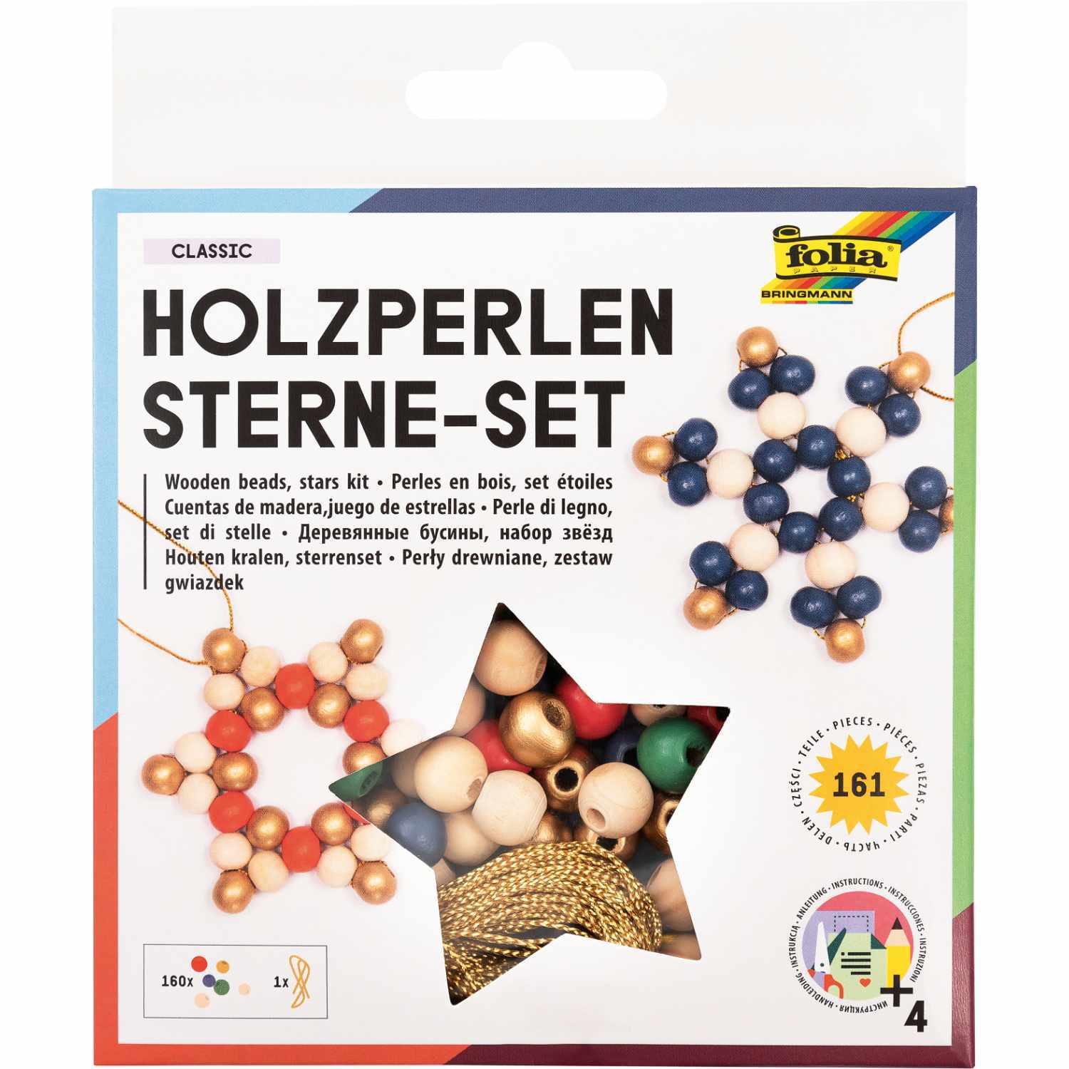 Holzperlen Stern-Set classic von folia, 16-teilig, zeigt bunte Perlen in Sternform auf der Verpackung.
