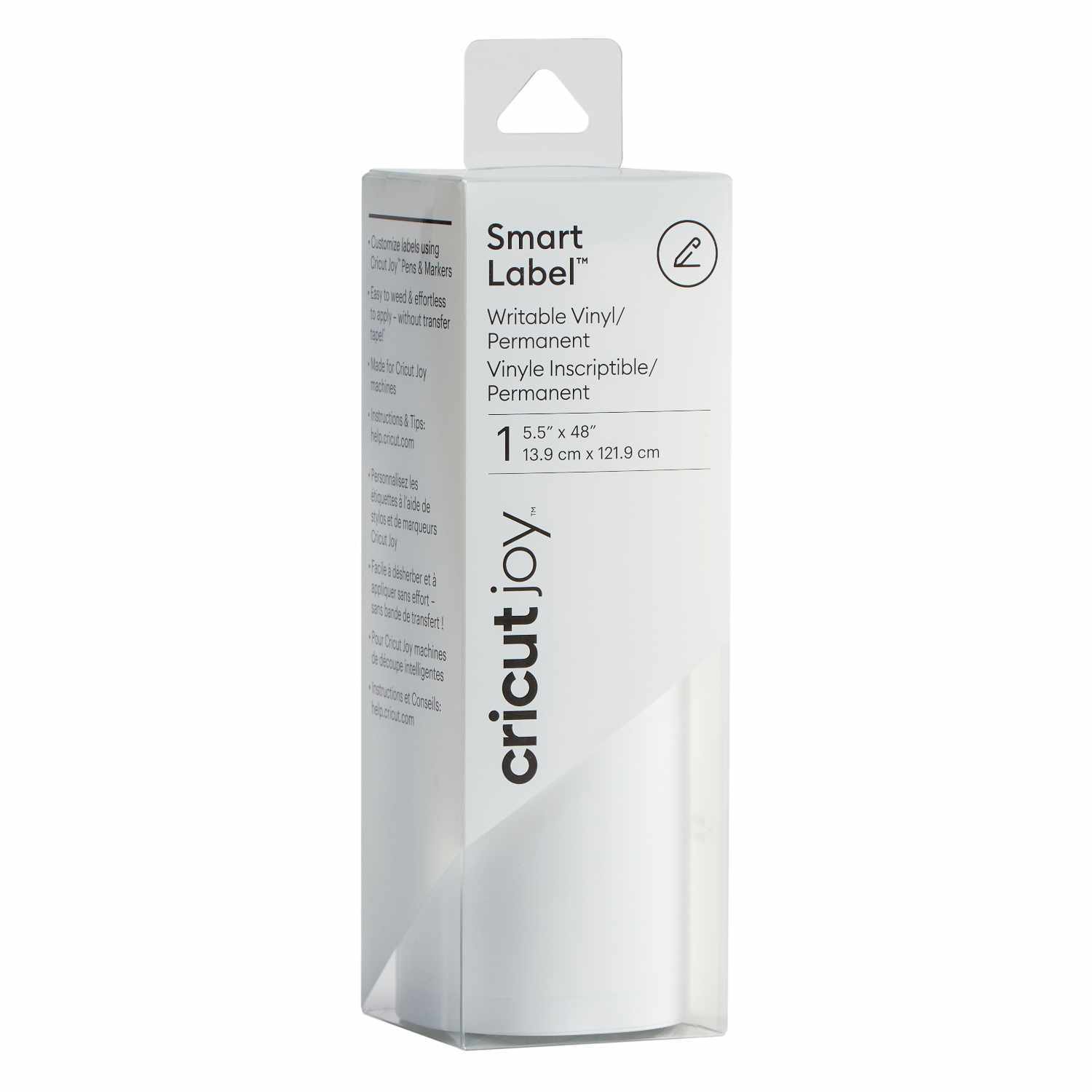 Joy Smart Label Vinyl beschriftbar, 13,9x30,5cm Rolle in weißer Verpackung von Cricut, ideal für kreative Projekte.