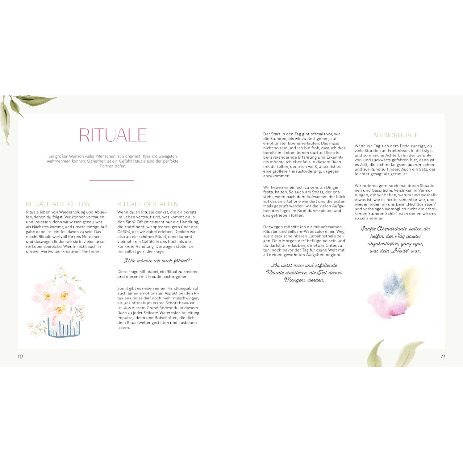 Selfcare Watercolor – Kreative Momente für mich: Doppelseite mit Texten über Rituale, verziert mit zarten Aquarellblumen und Blättern.