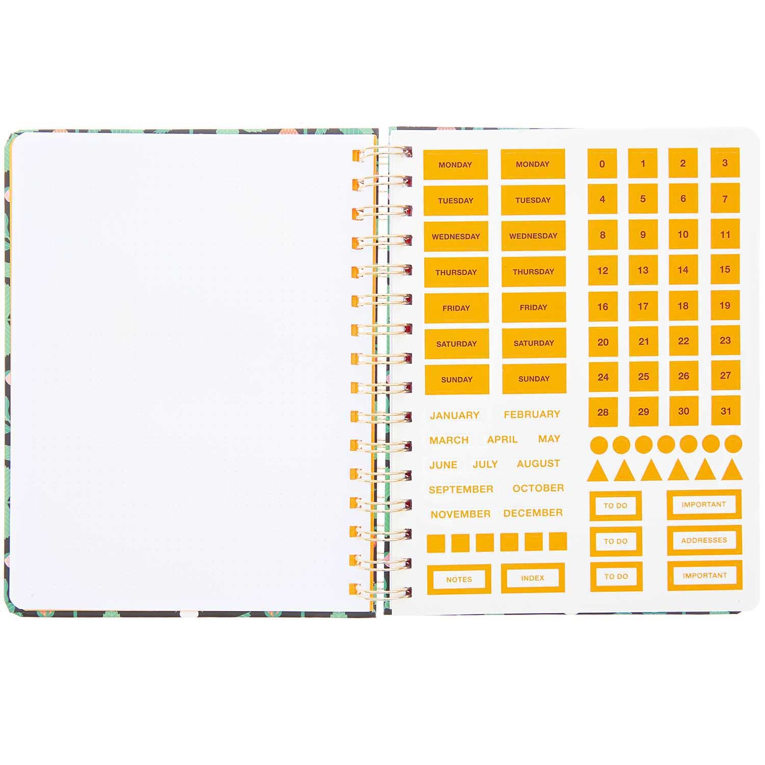 Paper Poetry Bullet Diary mit Spiralbindung und 164 Seiten, zeigt offene Seiten mit bunten Stickern. Ideal für kreative Planung.