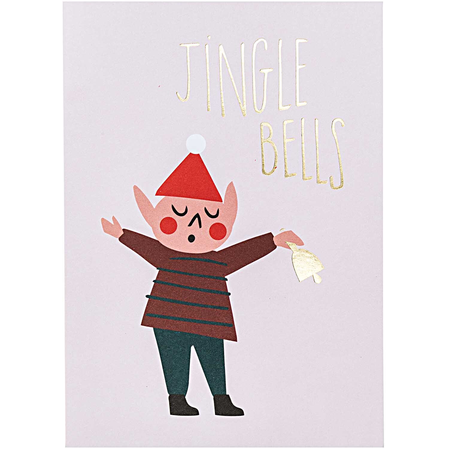 Paper Poetry Postkartenblock Jolly Christmas zeigt einen fröhlichen Elf mit roter Mütze und Glöckchen.