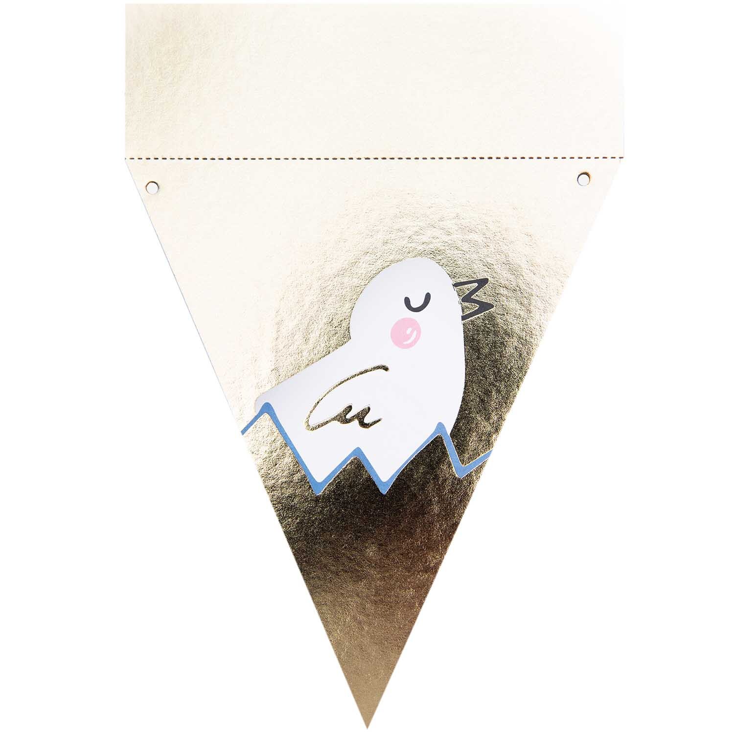 Paper Poetry Wimpel-Block Bunny Hop mit Vogelmotiv auf goldener Oberfläche, Marke Rico Design.