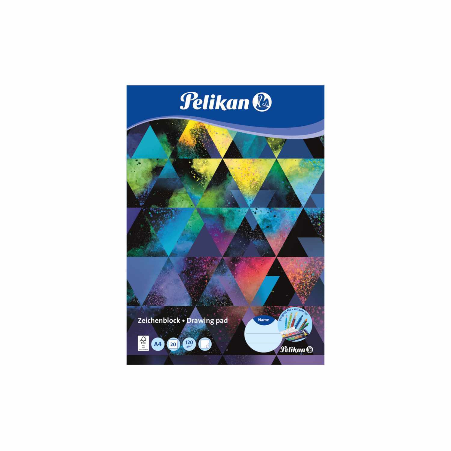 Zeichenblock 120g/m² 20 Blatt von Pelikan mit buntem geometrischem Muster auf dem Cover.