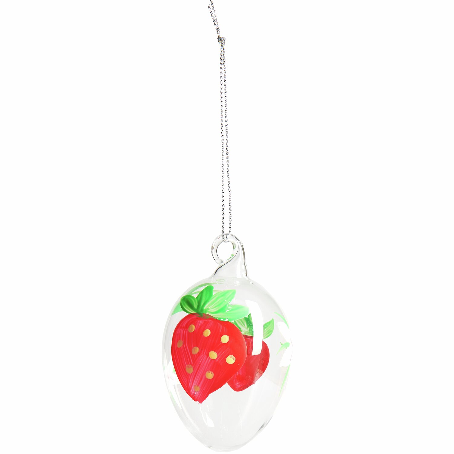 Glas Eier Erdbeeren/Marienkäfer 4 Stück: Transparentes Glas-Ei mit roten Erdbeeren, ideal als dekorativer Anhänger.