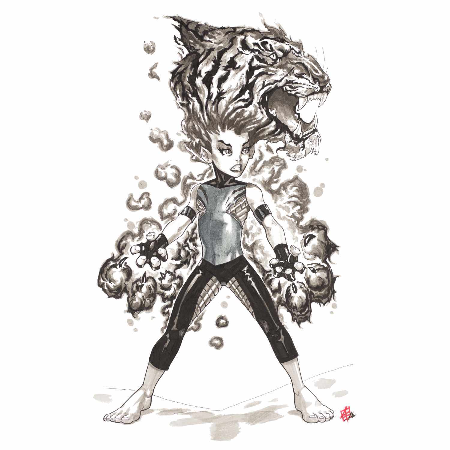 Pitt Artist Pen Comic Tuschestift-Set zeigt eine dynamische Zeichnung mit einem Tiger im Hintergrund. Ideal für kreative Illustrationen.