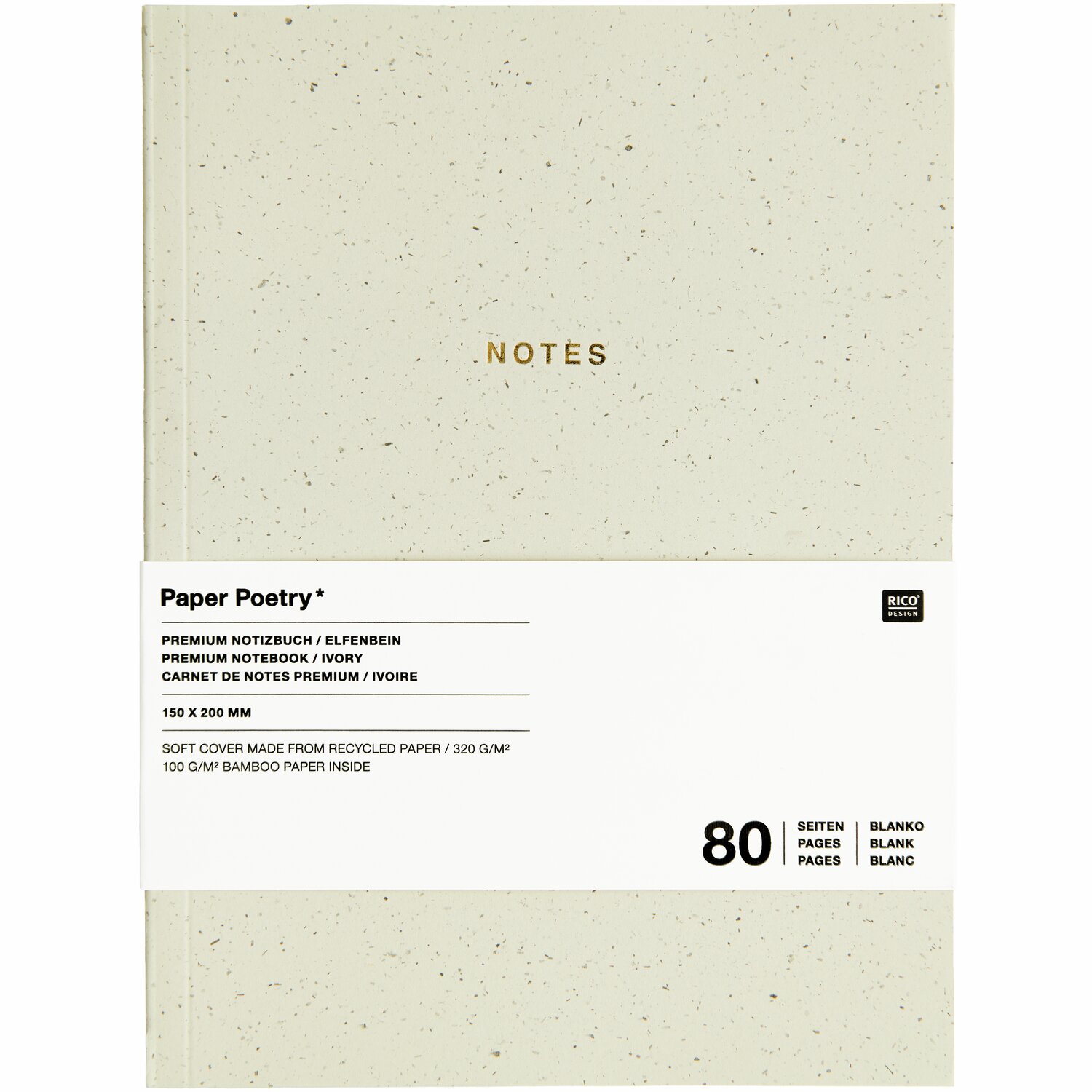 Paper Poetry Notizbuch L in Elfenbein, 15x20cm. Hochwertiges Notizbuch mit 80 Blankoseiten. Ideal für kreative Projekte und Notizen.