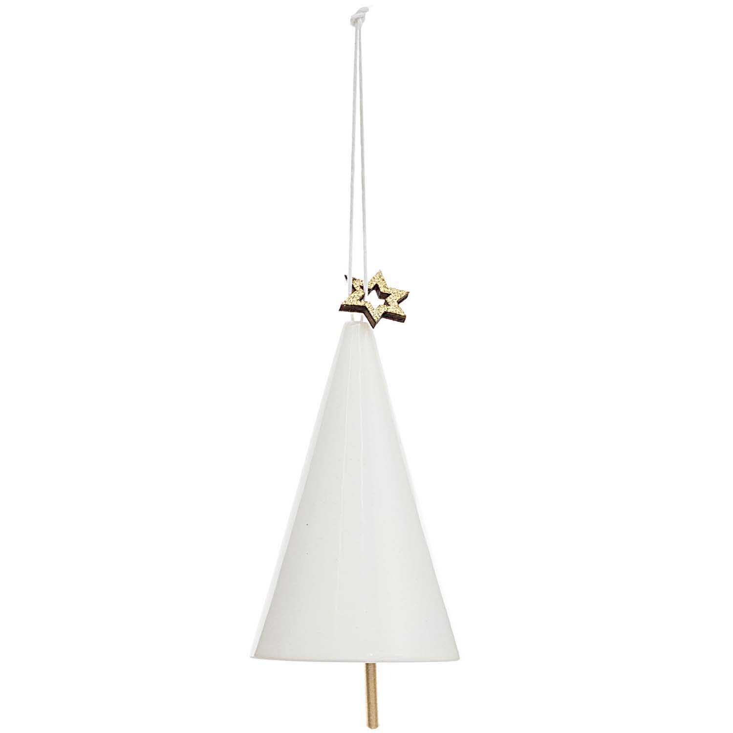 Porzellanhänger Glöckchen Weihnachtsbaum in Weiß von Rico Design, verziert mit goldenen Sternen.