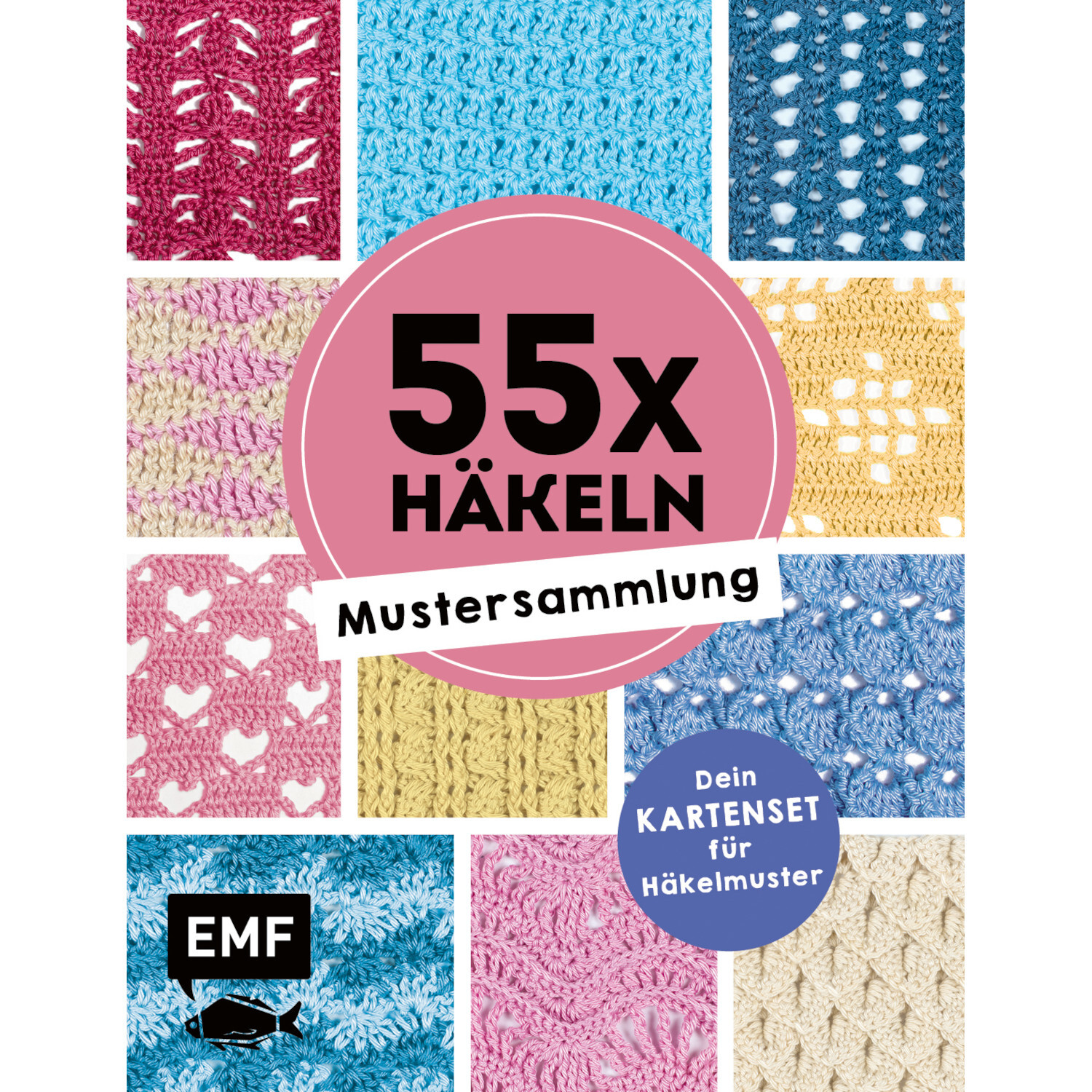 55 x Häkeln - Mustersammlung: Bunte Häkelmuster auf Kartenset von EMF, ideal für kreative Projekte.
